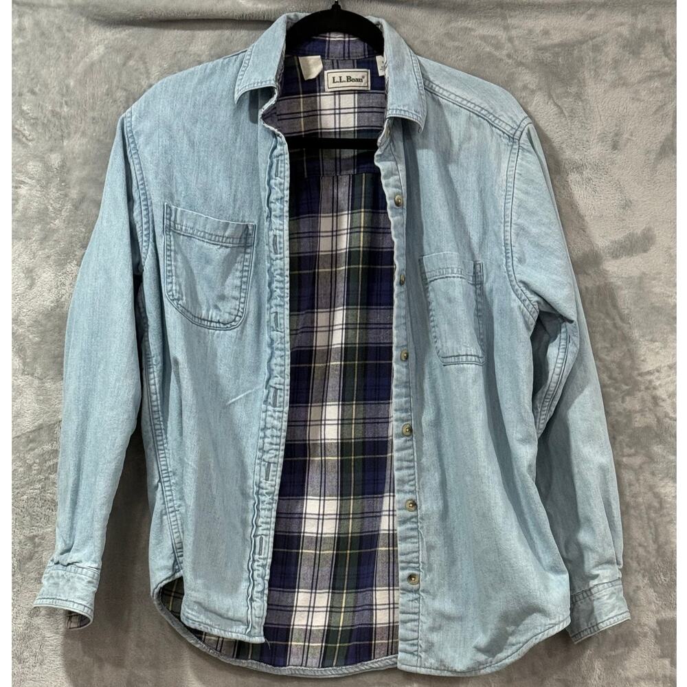 VINTAGE L.L.Bean Denim Shirt Jacket Womens Small Plaid Lined Made in Canada Blue